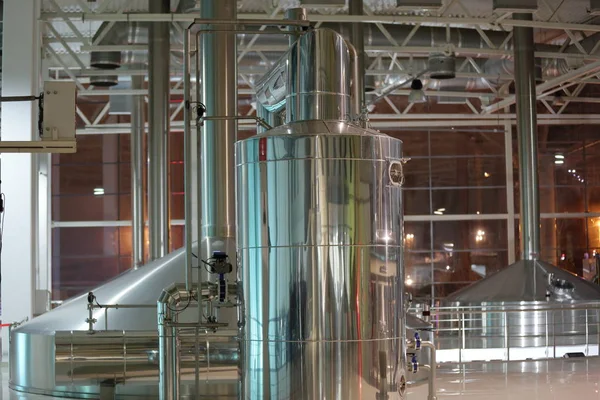 Equipment for production of beer in factory shops — Stock Photo, Image