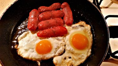 Sahanda yumurta ve sosis bir tavada