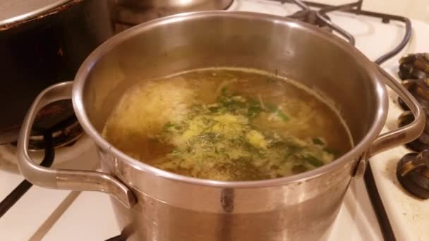ストーブの上のスープが沸騰します。 — ストック動画