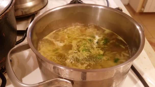Soep kookt op het fornuis — Stockvideo
