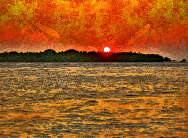 Pôr do sol numa ilha tropical. Ilustração — Fotografia de Stock