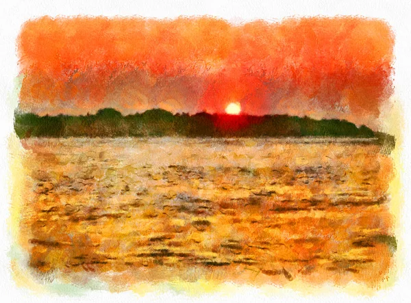 Zachód słońca na tropikalnej wyspie. Ilustracja — Zdjęcie stockowe