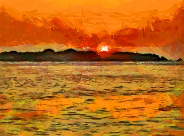 Puesta de sol en una isla tropical. Ilustración —  Fotos de Stock