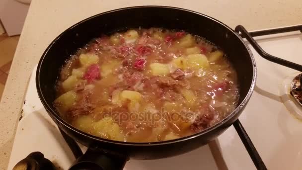 Картошка с мясом жарить в кастрюле — стоковое видео