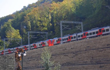 Yüksek hızlı yolcu treni bir dağ beldesinde hareket ediyor.