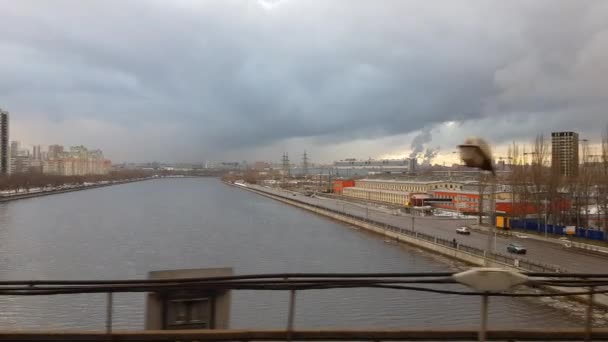 Moscow Russia February 2020 City Landscape River View Train Nagatinsky — Αρχείο Βίντεο