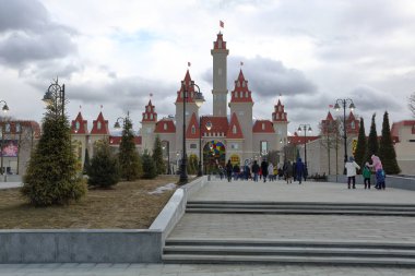 Moscow, Russia - February 29, 2020: Exterior of the family entertainment park Dream Island. The first in Russia and the largest in Europe indoor theme park of a world level. Opening day