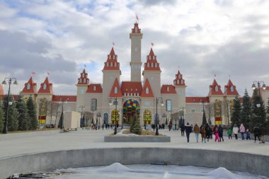 Moscow, Russia - February 29, 2020: Exterior of the family entertainment park Dream Island. The first in Russia and the largest in Europe indoor theme park of a world level. Opening day