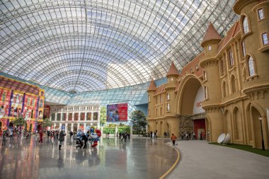 Moscow, Russia - February 29, 2020: Interior of the family entertainment park Dream Island. The first in Russia and the largest in Europe indoor theme park of a world level. Opening day