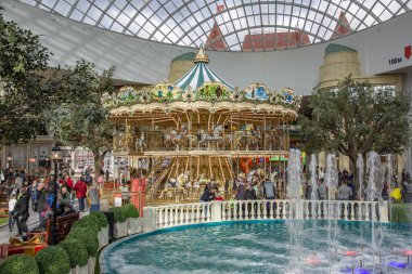 Moscow, Russia - February 29, 2020: Interior of the family entertainment park Dream Island. The first in Russia and the largest in Europe indoor theme park of a world level. Opening day
