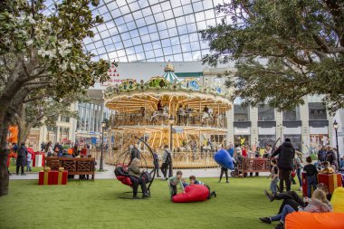 Moscow, Russia - February 29, 2020: Interior of the family entertainment park Dream Island. The first in Russia and the largest in Europe indoor theme park of a world level. Opening day