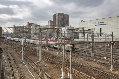 Moscow, Russia - March 9, 2020: Parking of freight and passenger trains in the Krasnoselsky city district