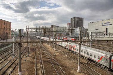 Moscow, Russia - March 9, 2020: Parking of freight and passenger trains in the Krasnoselsky city district