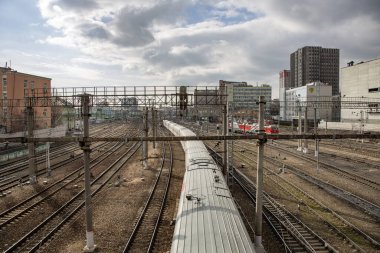 Moscow, Russia - March 9, 2020: Parking of freight and passenger trains in the Krasnoselsky city district