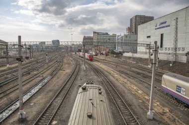 Moscow, Russia - March 9, 2020: Parking of freight and passenger trains in the Krasnoselsky city district