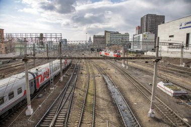 Moscow, Russia - March 9, 2020: Parking of freight and passenger trains in the Krasnoselsky city district