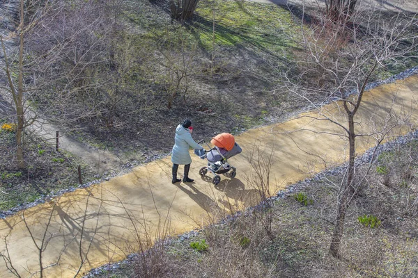 Young grandmother in a warm jacket with a stroller walks through the spring park