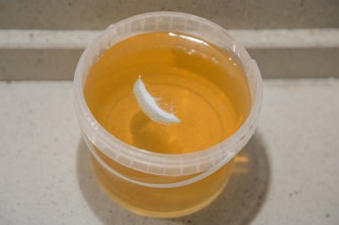 Ballı plastik kavanoz ve lezzetli bir dilim limon.