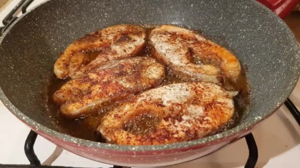 A steak of delicious fish varieties is fried in a frying pan on a kitchen gas stove — Stock Footage Steak Delicious Fish Varieties Fried Frying Pan Kitchen Gas Stove Royalty Free Stock Video