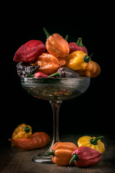 Different kinds of hot  chili peppers on silverware Royalty Free Stock Photos