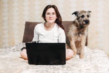 Genç bir kadın bir köpekle yatakta oturuyor ve dizüstü bilgisayarda çalışıyor..