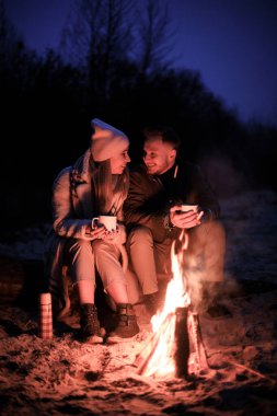 Ormanda kış pikniği. Kış sisli ormanlarında aşk hikayesi. Sevgililer günü konsepti. Ormanda bulutlu, sisli bir gün. Mesaj için yer. Marşmelovları kazıkta kızart. Soğuk havada, ateşin yanında sıcak çay içmek.