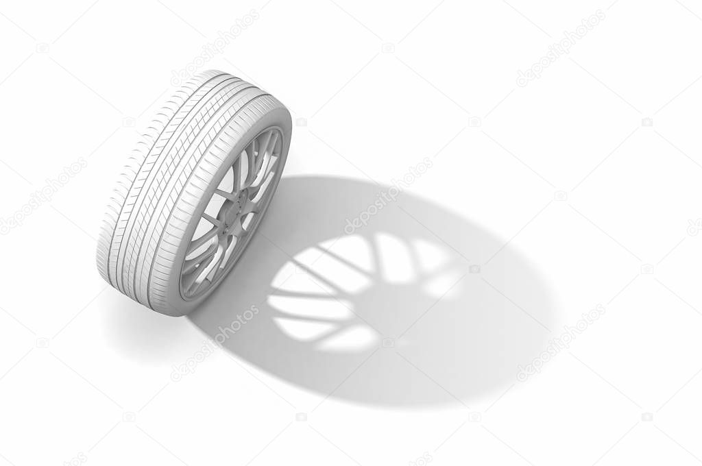 3d rendering white Car tires isolated on High angle white background.