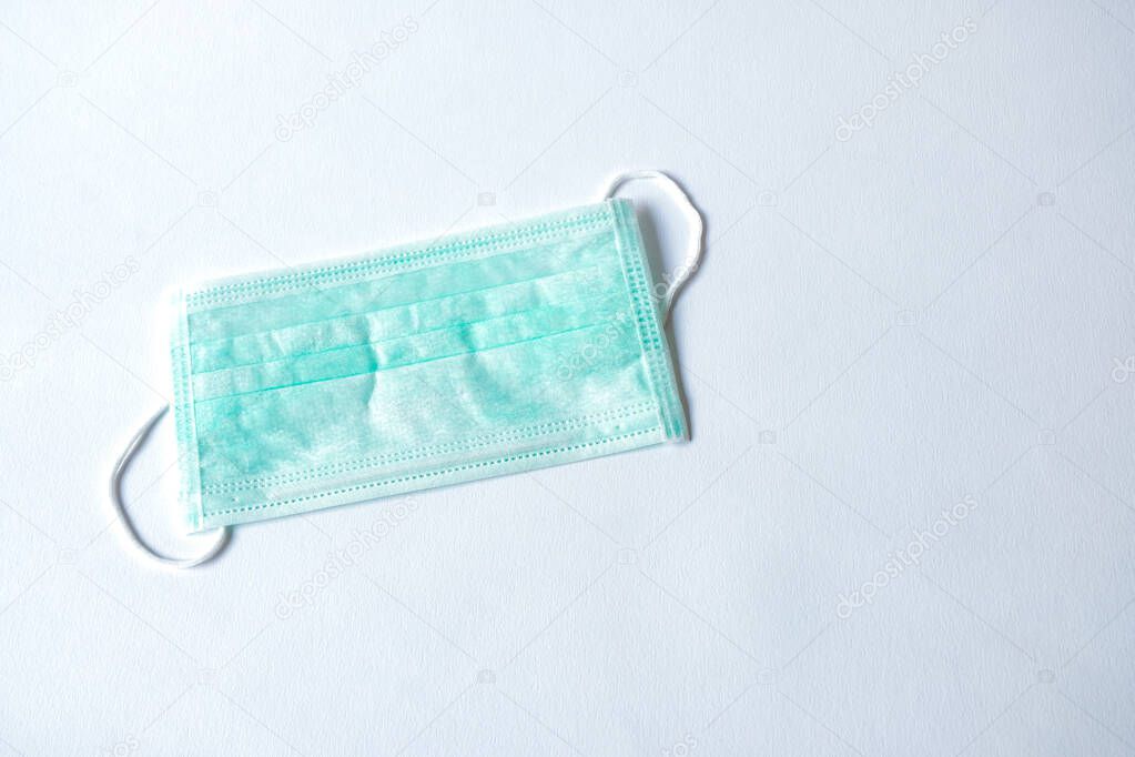 Green color Medical mask for protection against flu and other diseases. Surgical protective mask. Medical respiratory bandage face on isolate white background. prevention of the spread of virus