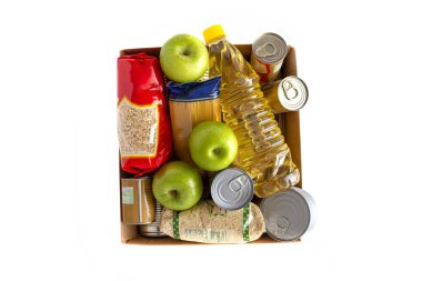 food donations box isolated on white, top view clipart