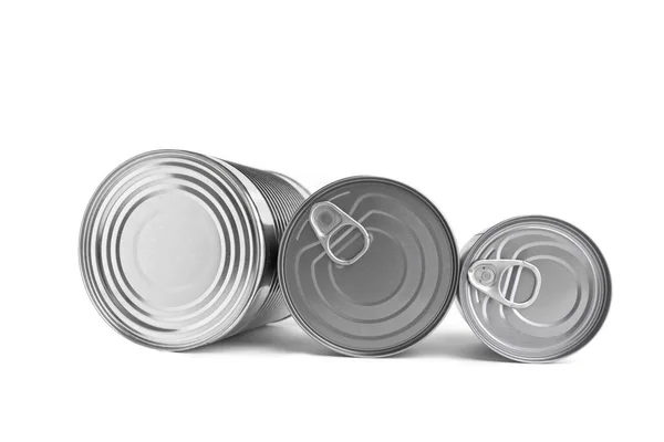 Three tin cans isolated on white , food donations concept — Stock Photo, Image