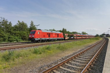 Niebuell - View to Car train headind towards Sylt Island via Hindenburg Dam, Schleswig-Holstein, Germany, 04.06.2019 clipart