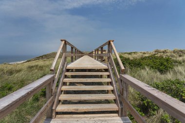 Sylt - Wenningstedt / Almanya 'daki Plajda Tahta Kaldırıma ve Çimen Kumullarına Yaklaş