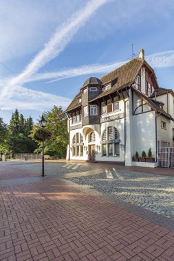 Moers - View to historic Building, (english: To the old brewery) and today an pastry shop, North Rhine Westphalia, Germany, Moers, 26.08.2018