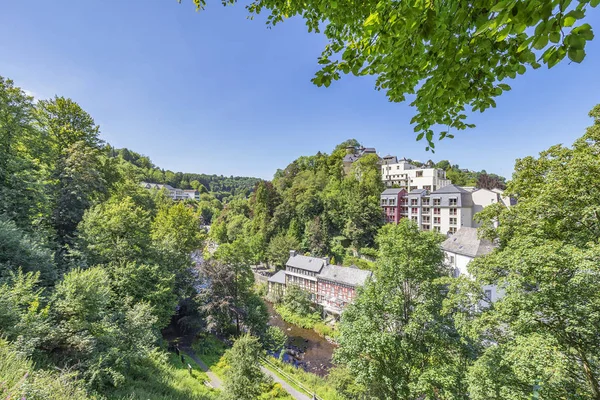 Monschau Vue Sur Château Monschau Avec Rivière Rur Rhénanie Nord — Photo