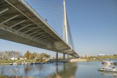 Belgrad - Sava nehri üzerindeki kablo destekli köprüde yer alan Ada Köprüsü, Belgrad, Sırbistan, 08.11.2018