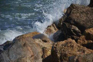 Kıyıdaki kayalıklarda dalgalar kırılıyor. Doğanın renkleri