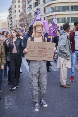 Valencia, İspanya, 9 Mart 2020, Uluslararası Kadınlar Günü. Kız Gücü