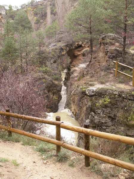 Arroyo Entre Rocas Bosque Otoño Aguas Turbulentas Camino Con Valla —  Fotos de Stock