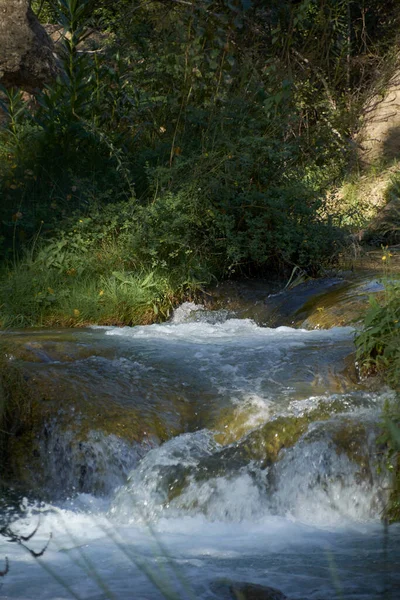 Fluss Mit Ruhigem Und Transparentem Wasser Kleinem Wasserfall Vegetation Und — Stockfoto
