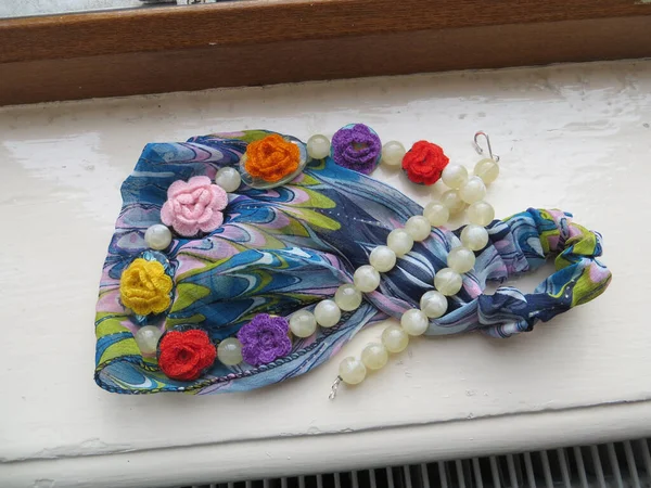 Blue Scarf Handmade Decoration Crocheted Flowers — Stock Photo, Image