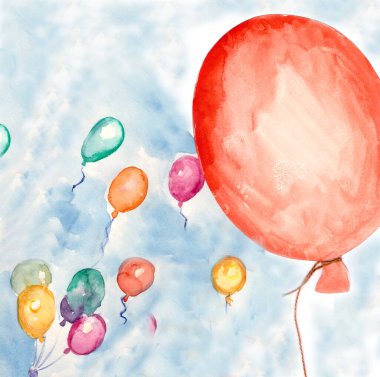 watercolor drawing colorful balloons and blue sky
