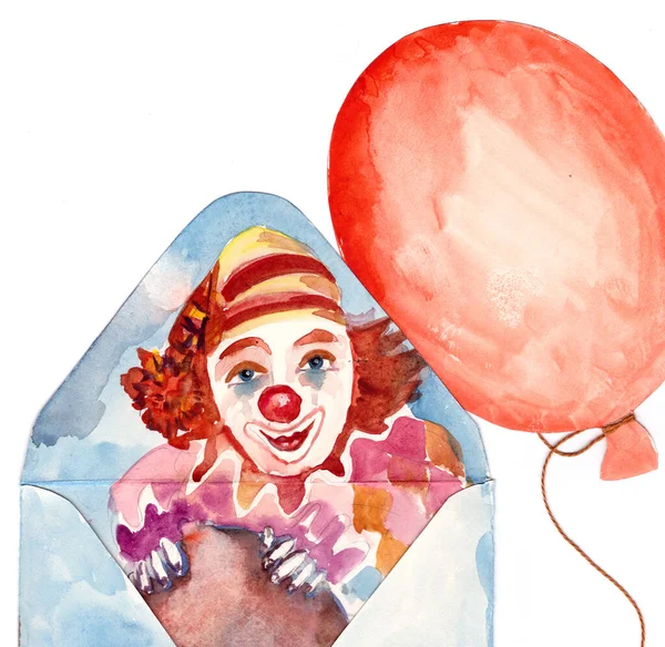 Illustration aquarelle d'un clown de cirque avec un ballon rampant hors d'une enveloppe — Photo