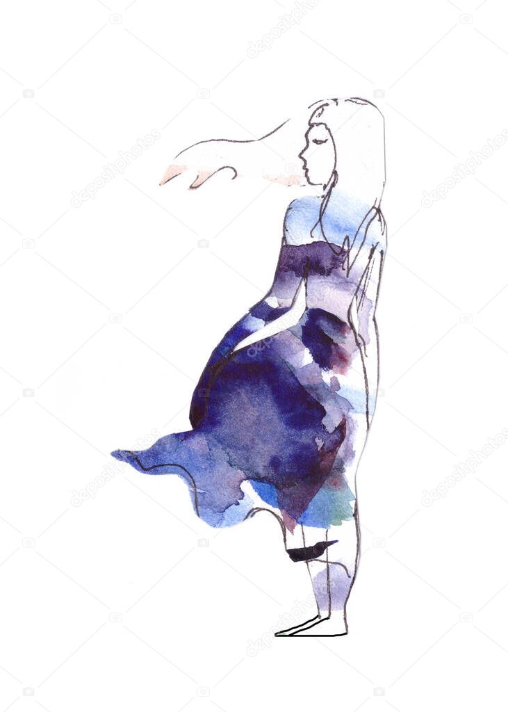 watercolor drawing girl in a blue dress with hair fluttering in the wind