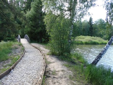 wooden bridge with railing over a small river