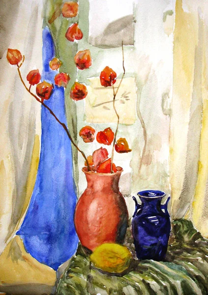 Акварельный рисунок натюрморт с голубой вазой — стоковое фото