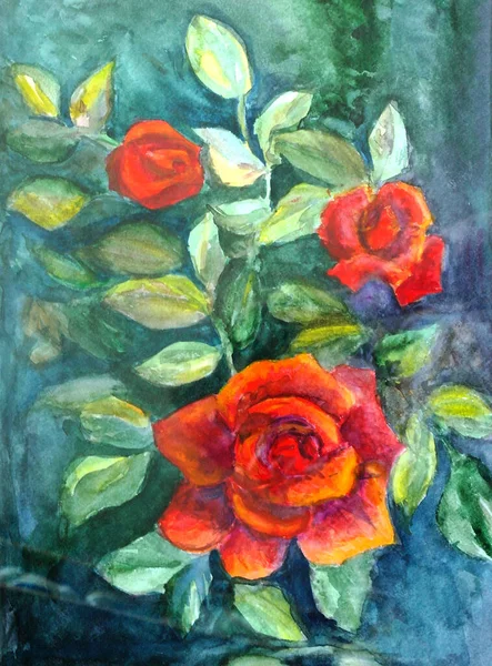 Akvarell Rajz Csokor Élénk Vörös Rózsa Sötét Kék Zöld Háttér — Stock Fotó