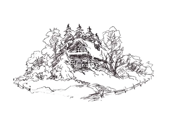 白色背景上被树木环绕的村庄房屋的黑白图画 — 图库照片
