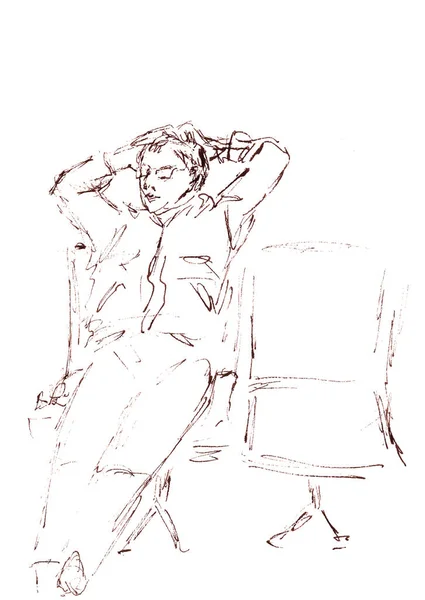 图上的黑白绘图人躺在机场的扶手椅上等着他的飞机 — 图库照片