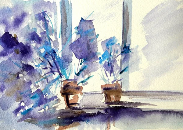 Dessin Aquarelle Dans Des Tons Bleu Clair Les Plantes Pot — Photo