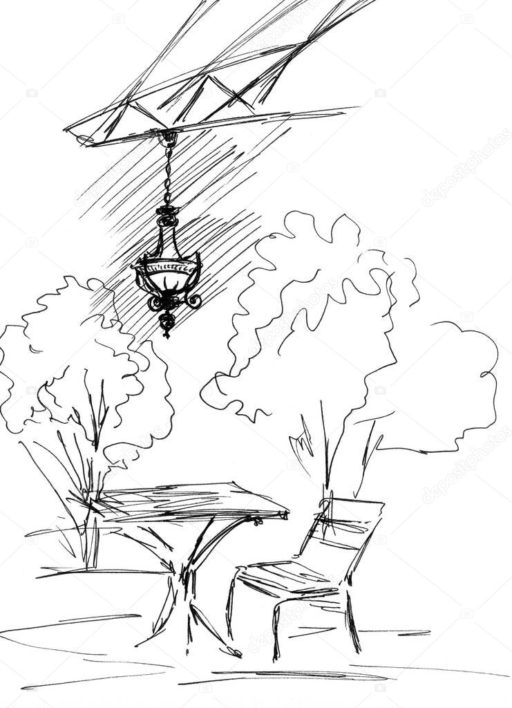 Graphic black and white drawing of an outdoor cafe under the trees with a beautiful chandelier